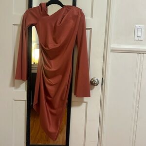Long flare sleeve asymmetric cut-away neckline midi dress